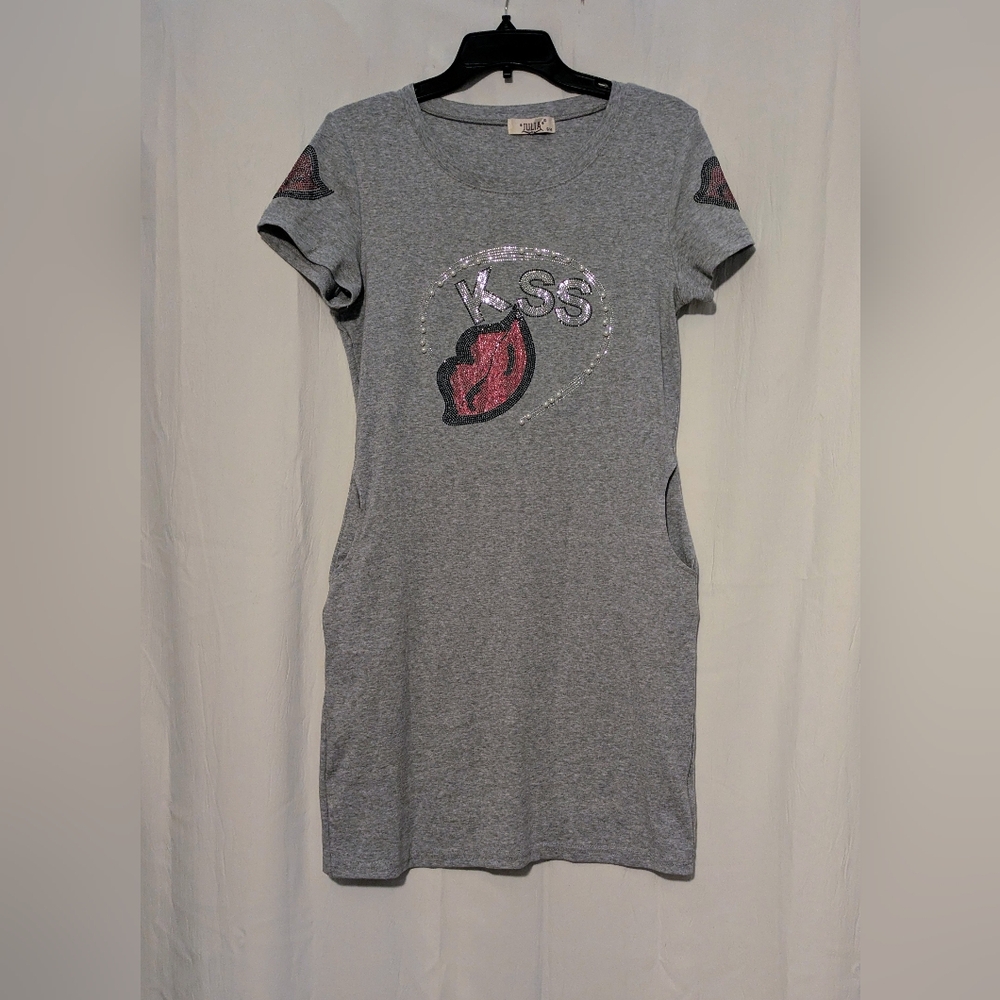 Julia Dress Grey with Kiss Logo Bling Sequins Size S/M Red Lips Each Sleeve